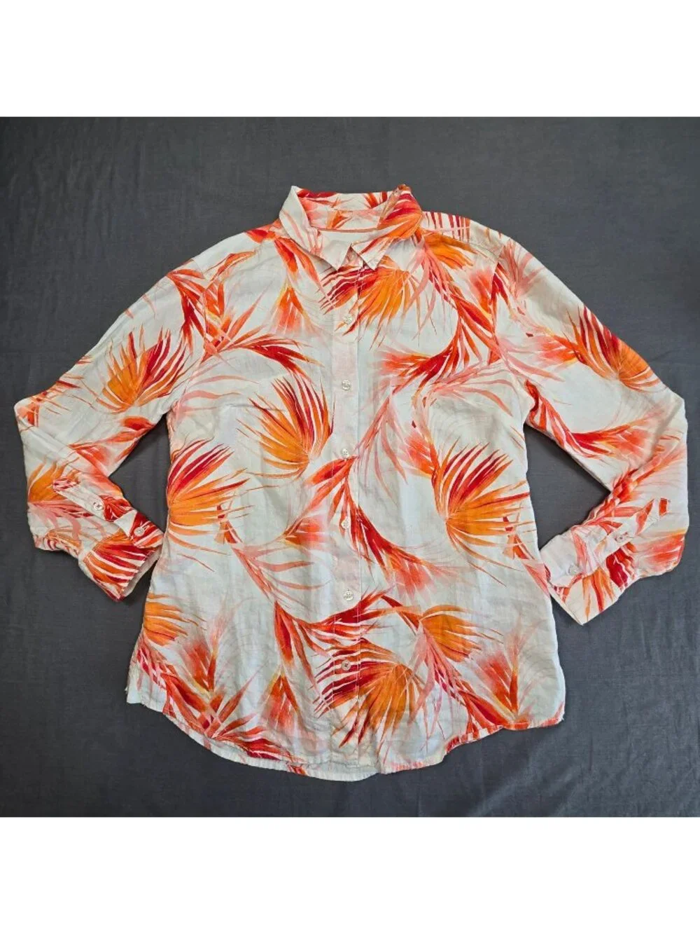 Tommy Bahama Womens Medium Button-Up Shirt White Tropical Palm Print 100% Linen - Picture 1 of 4